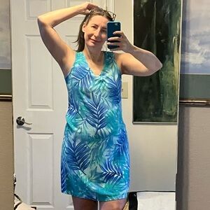 Vintage Peppermint Bay blue turquoise palm leaves tropical print v-neck dress L
